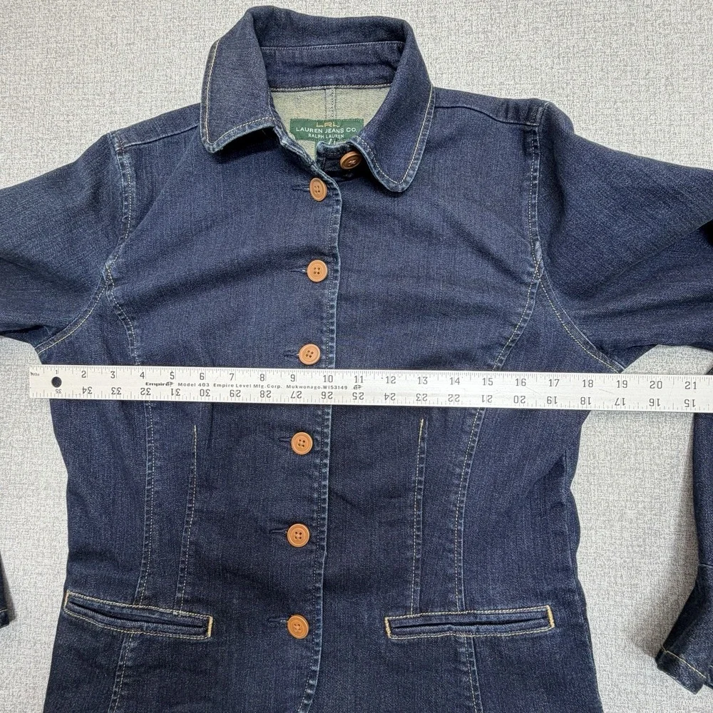 LRL Ralph Lauren Women's Denim Blazer Jacket Size L Blue Jean Stretch Button Up - Picture 7 of 11